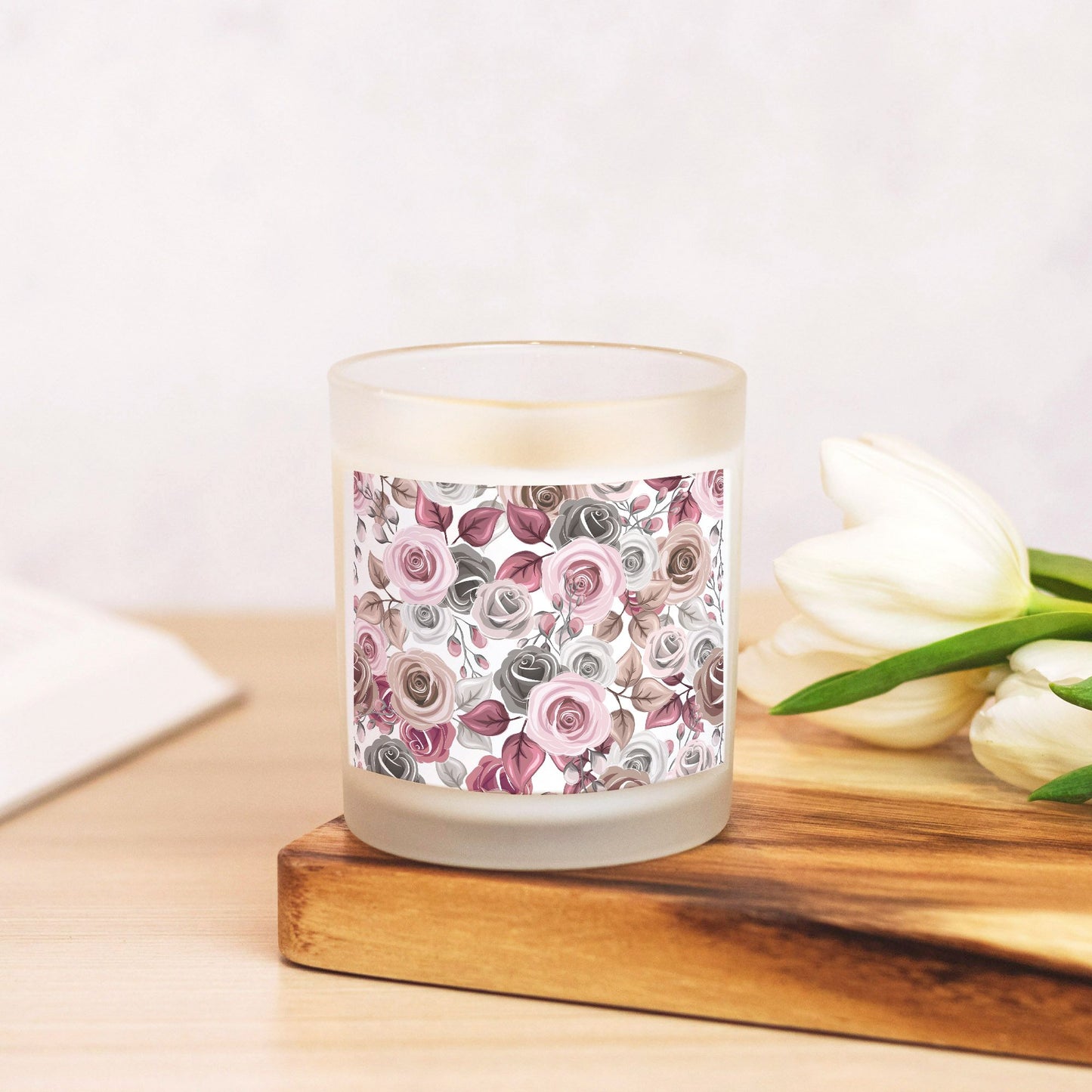 Charming Roses Frosted Glass Candle (Hand Poured 11 oz)